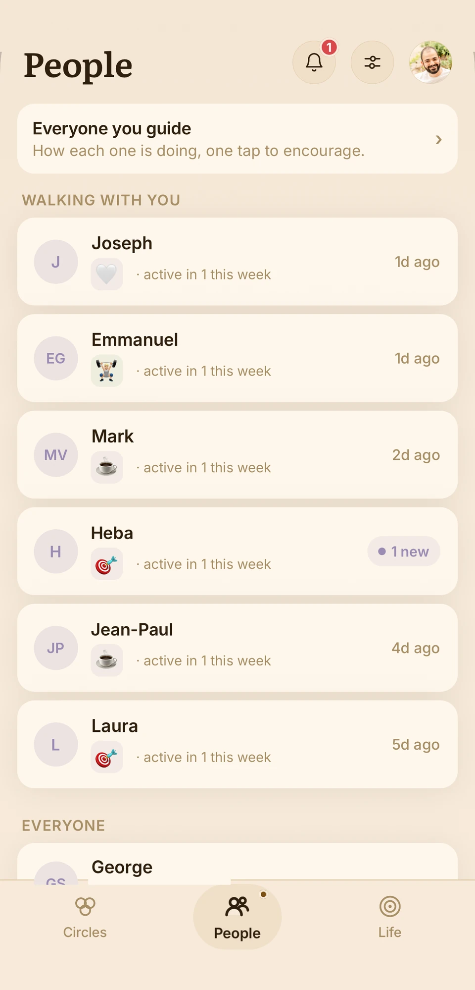 The People tab: everyone walking with you, and how recently each showed up