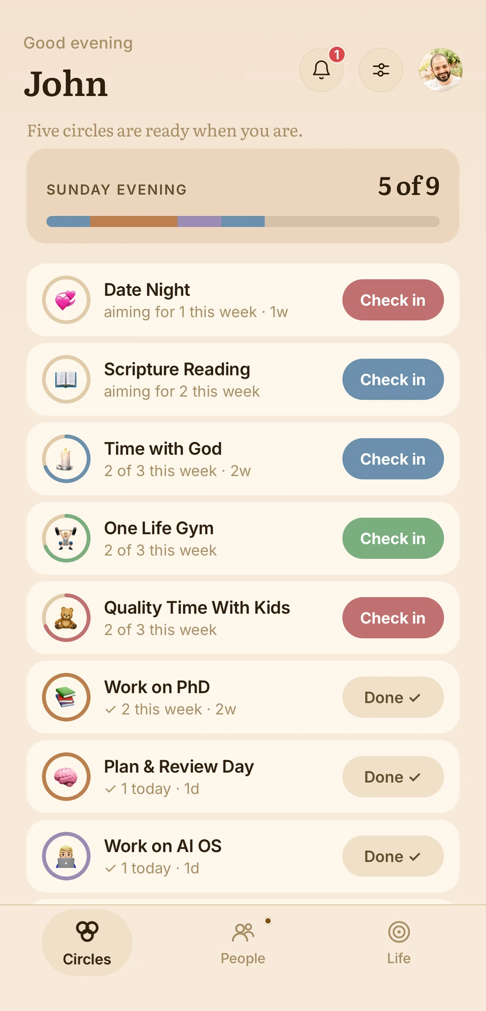 The Circles tab: every commitment in one list, each with its own check-in button