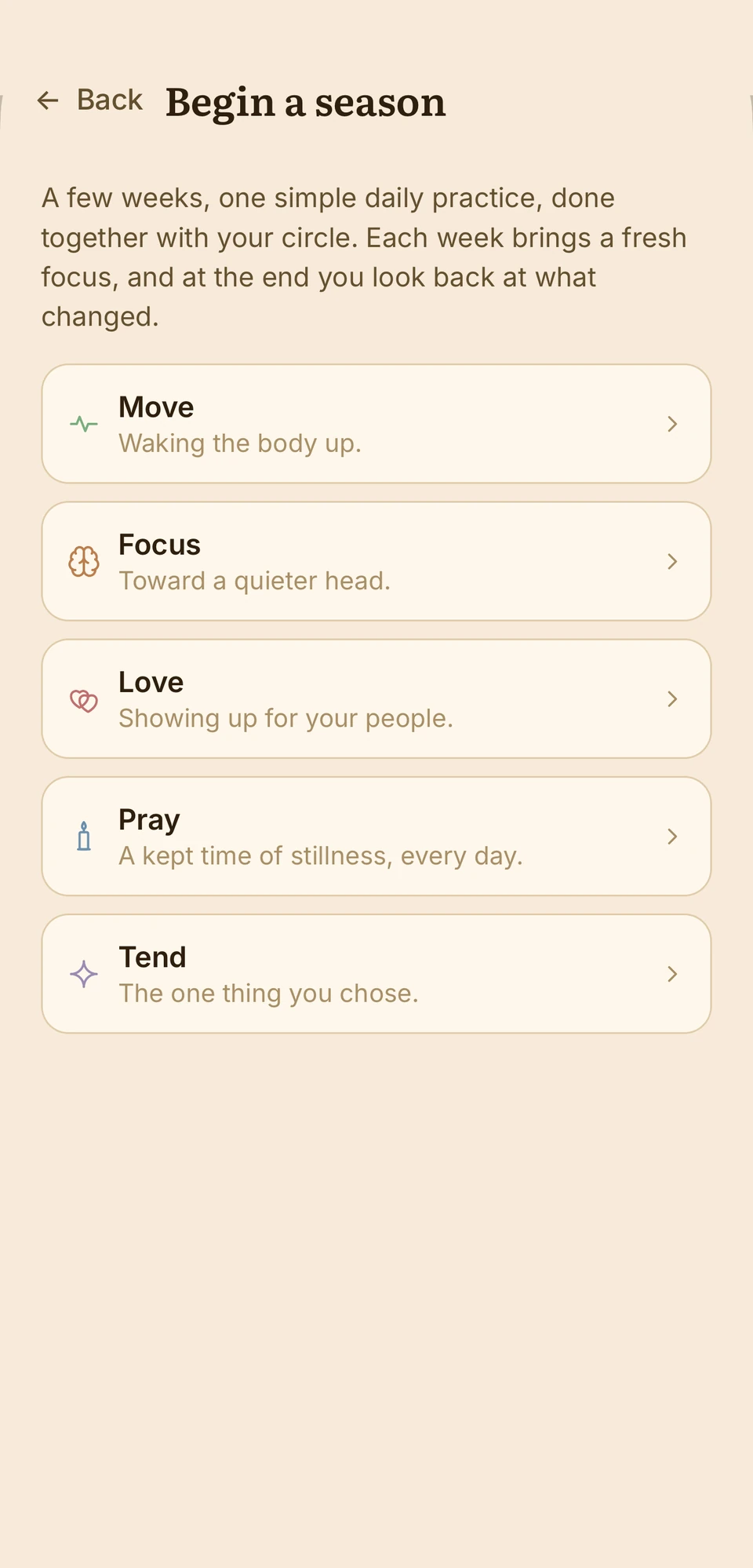 The Begin a season screen: Move, Focus, Love, Pray, and Tend, each with one line about what it grows