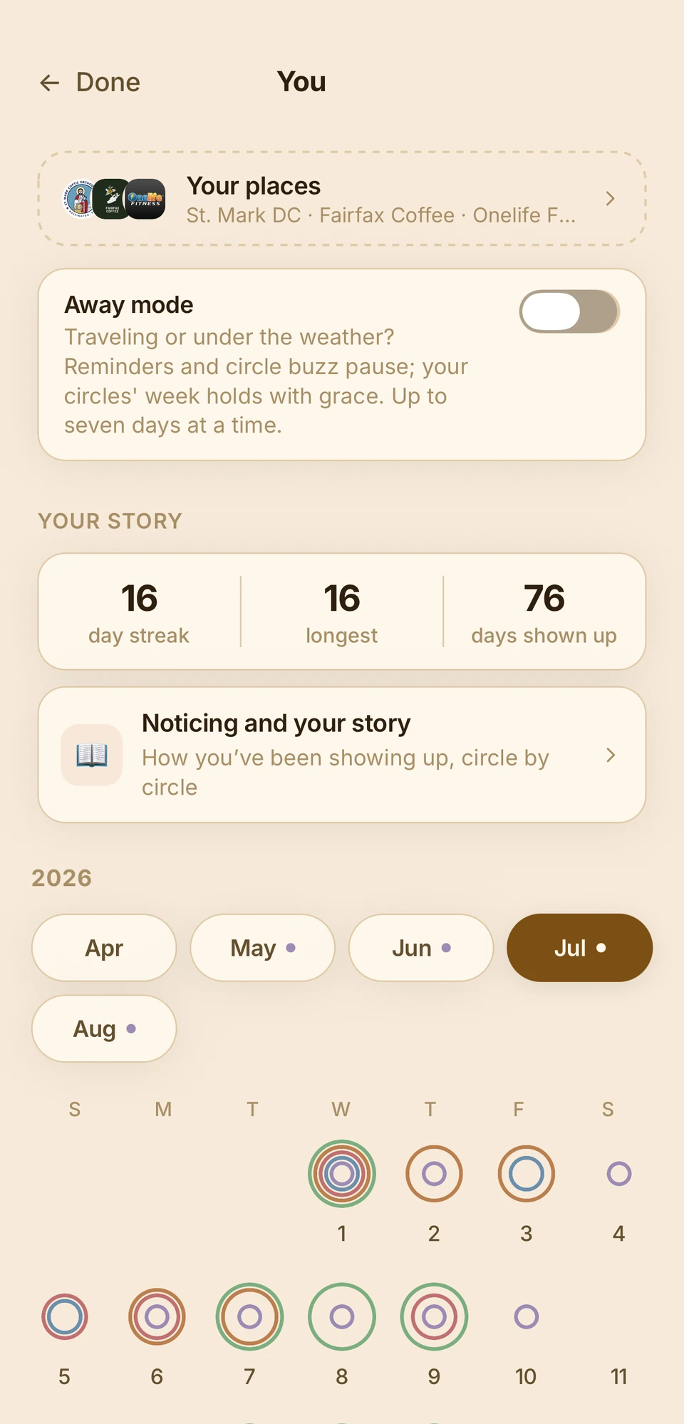 The You screen: your streaks, days shown up, and a calendar of rings, one for each day you showed up